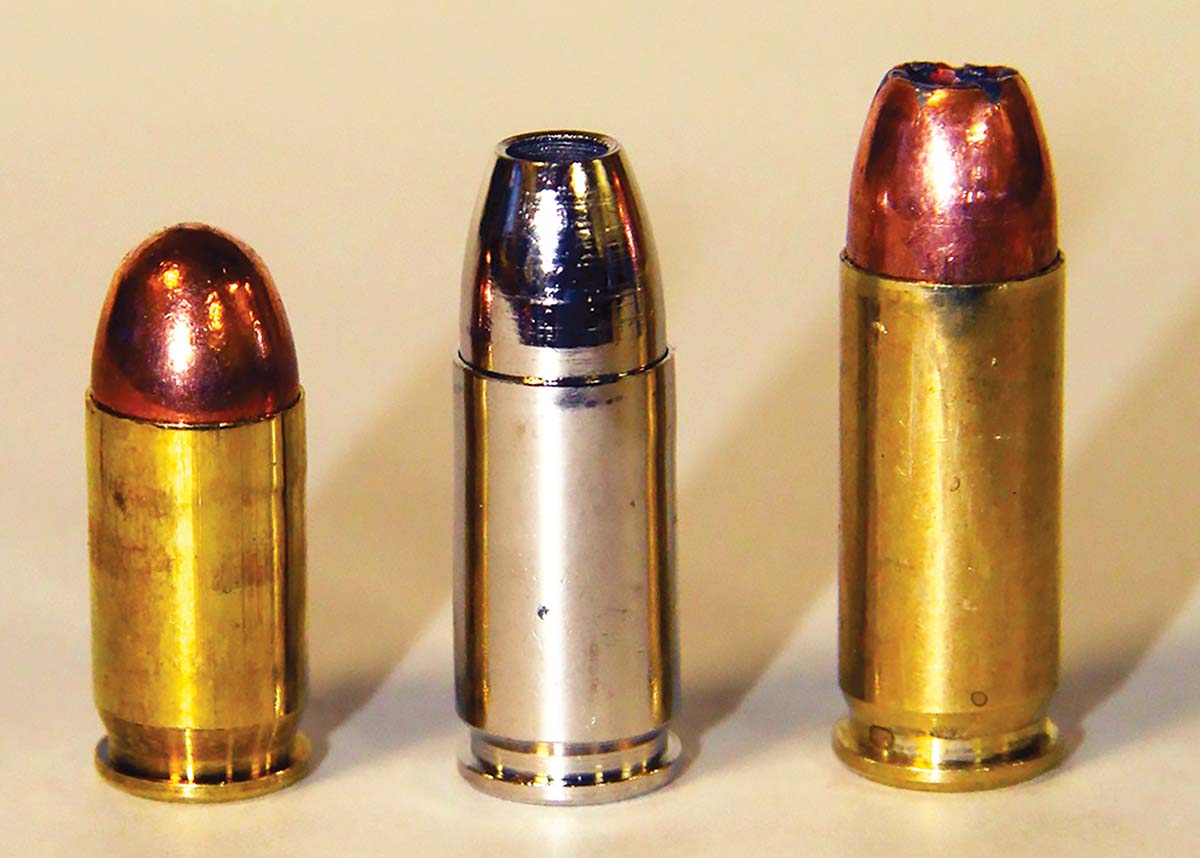 The 38 Super Automatic (right) is shown in comparison to the 380 Auto (left) and the 9mm Luger (center) – these share the same diameter bullets.